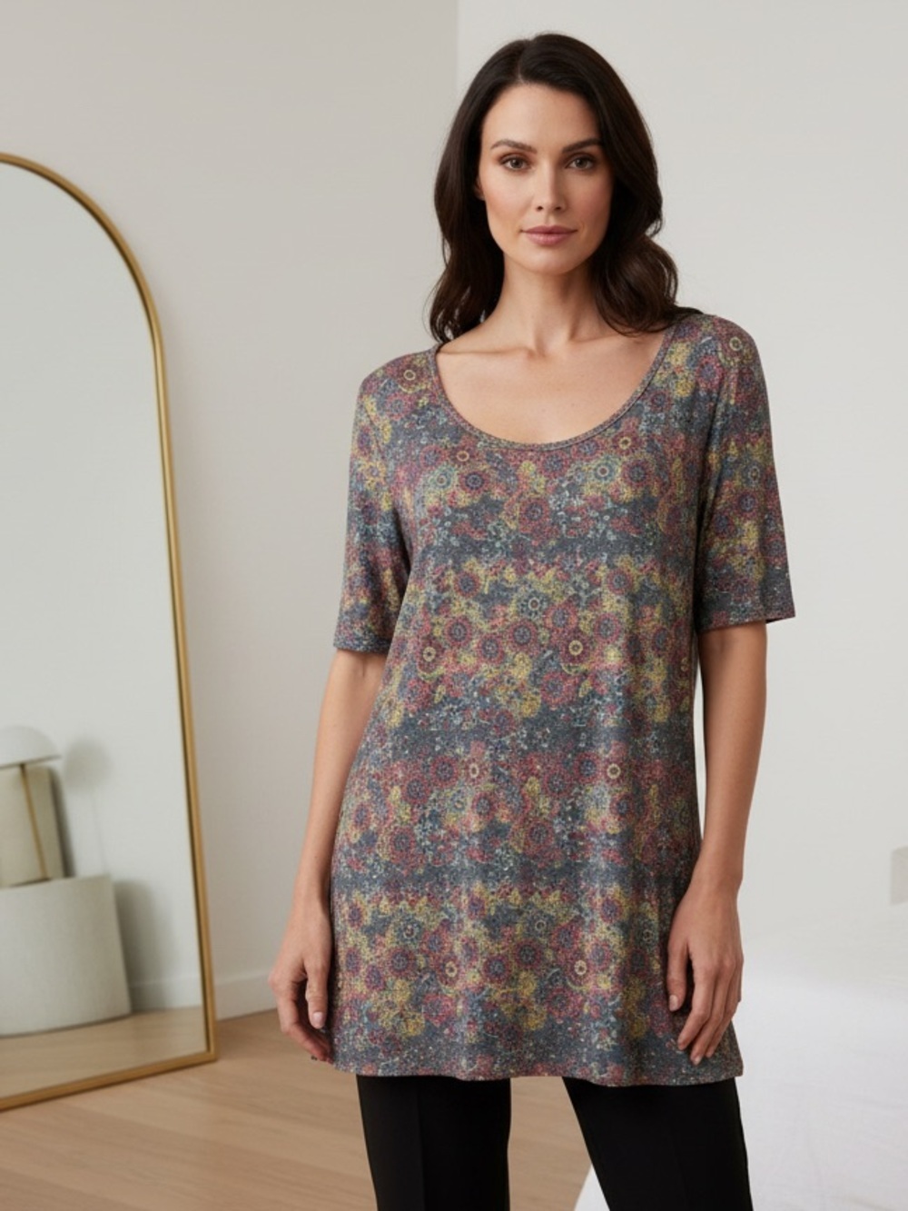 LuLaRoe Scoop Neck Tunic in Heathered Floral Medallion